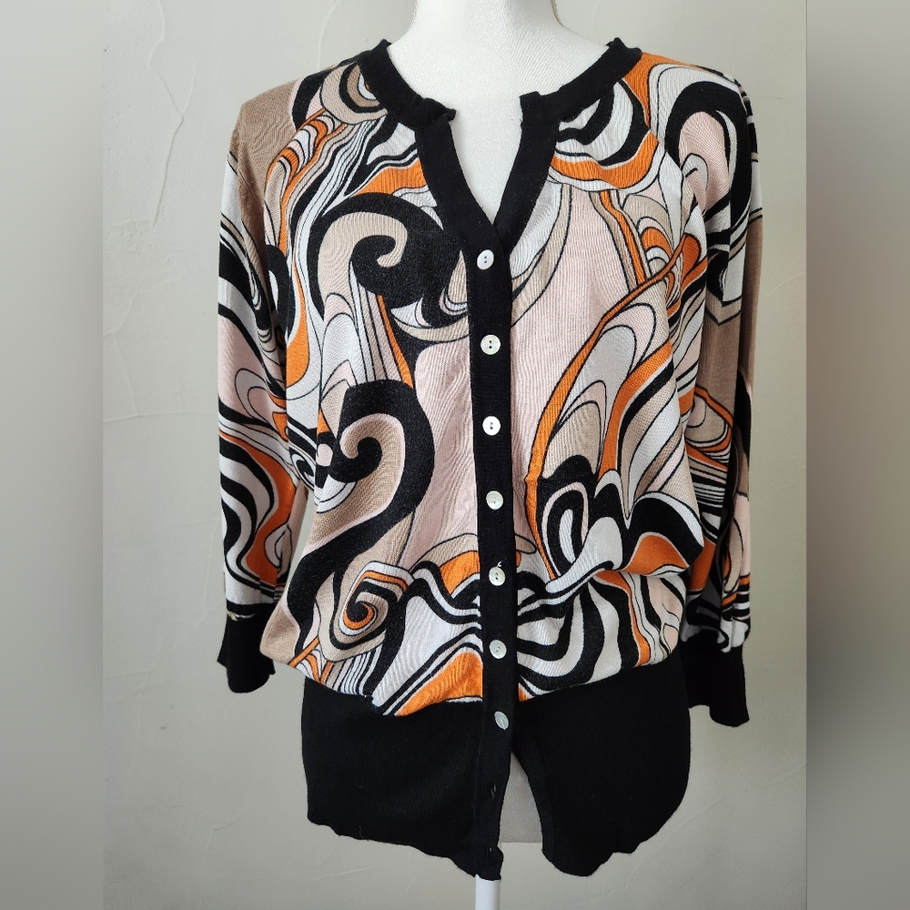 Roz & Ali Black, Cream and Orange Swirl Print Cardigan